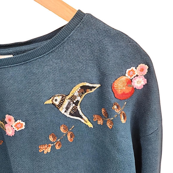 Disney by Lauren Conrad M Coquette Blue Sequin Floral Apple Hummingbird Top - Picture 2 of 7